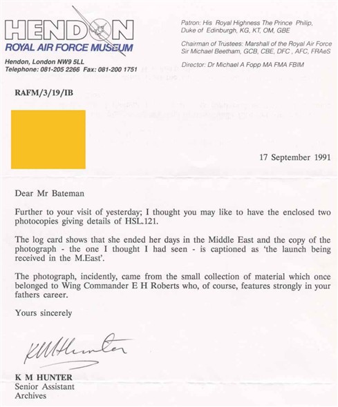 Photo:Letter from Hendon RAF Museum concerning HSL 121