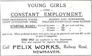 Photo:Advertisement for female workers for the Felix Works