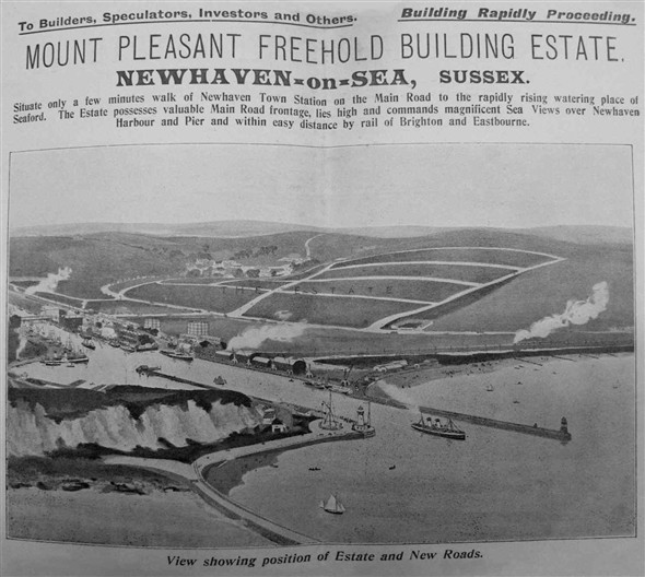 Photo:Artists impression on the front cover of the proposed Mount Pleasant Freehold Building Estate, Newhaven-on-Sea, Sussex, Prospectus, c.1904
