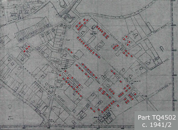 Photo:A corner of Ordnance Survey map TQ4502 (Scale 1:2500 or 25.344" per mile) (undated but presumed 1942-ish) is reproduced here that shows all but two Nissen huts and military communal buildings on Mount Pleasant and correlates closely with those visible in the abovementioned photographs. It lacks only the two larger huts on the corner of King's Avenue and Arundel Road on the spare plots opposite the three huts shown here; these must have been late additions.