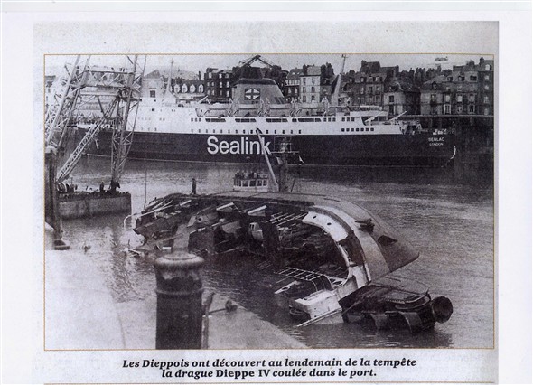 Photo:MV.Senlac in the ramp at Dieppe after a Northerly Gale sank the Bucket Dredger.