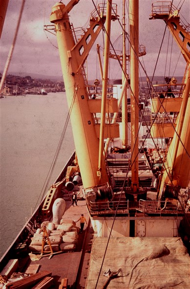 Photo:I had permission to climb on top of the monkey island on top of the bridge for a grandstand view of the ship and the harbour. Not sure of the cargo, but I think it may have been timber.