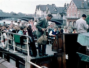 Photo:Out on a boat trip - teachers include Fred Cole (with the bag), Mr King (standing at the right) and 'Jab' Bert (seated, to the right of Fred Cole).
