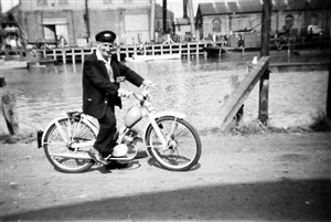 Photo:Early 1960s, at the West Quay on his NSU 'Quickly' bike