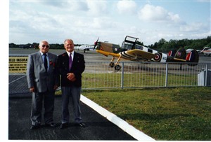 Photo:Jacques with his friend Marulli at Blackbushe (Hartford Bridge), in 2000. Marulli was shot down over Chevilly-Larue, Paris, while making a low level attack on a power station on 3.10.43, he evaded capture and escaped through occupied France to rejoin the squadron. On this raid Jacques was flying in the No.1 aircraft of a section of 4. The No.2 and 3 aircraft were shot down.