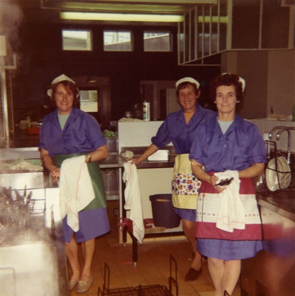 Photo:Photo 9: Marcia Tovey [nee Stapley] is centre, other 2 dinner ladies unknown. Tideway School kitchen, circa 1972