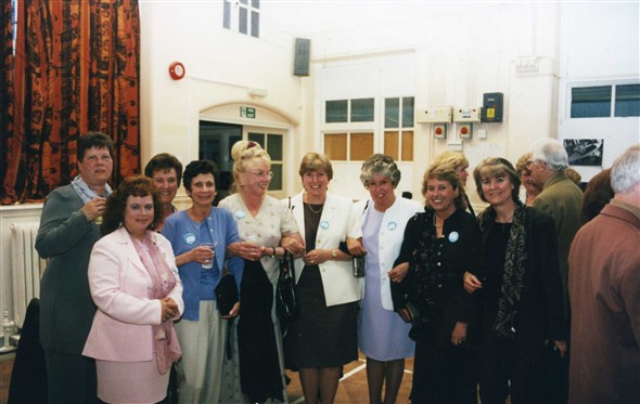 Photo:L-R Kathleen Ingram, Carol Geer, Margaret Cantell, the late Angela Groves, Anne Byrne, Pat Pawson, Pat Clear, Barbara Giles, Linda Blunden - teacher Mr Higgs in the background.