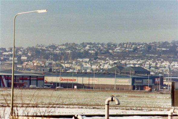 Photo:Febuary 1991, Queensway and M F I  warehouses still operating.