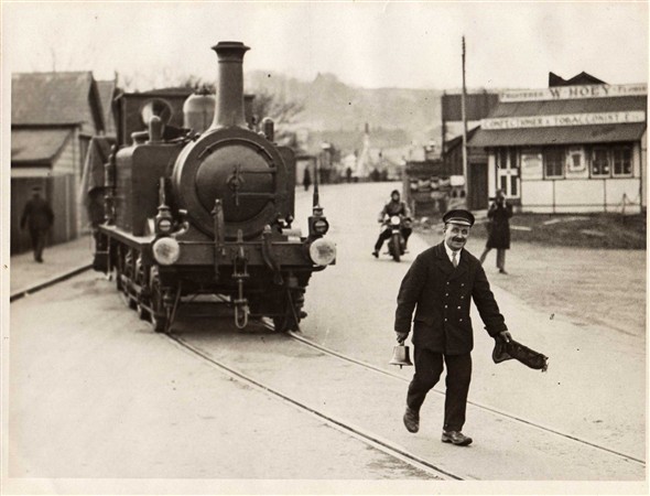 Photo:Harry in Railway Uniform.  Old railway fire station on the left.