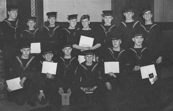 Photo:Year 1953/1954 (winter as all in black fronts and hats) at SCC Newhaven all recieved badges and prizes.